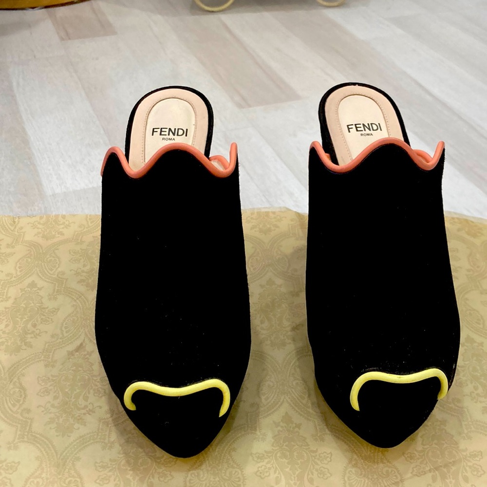 Fendi Suede Black Leather Trim Embellishments Mules Heels